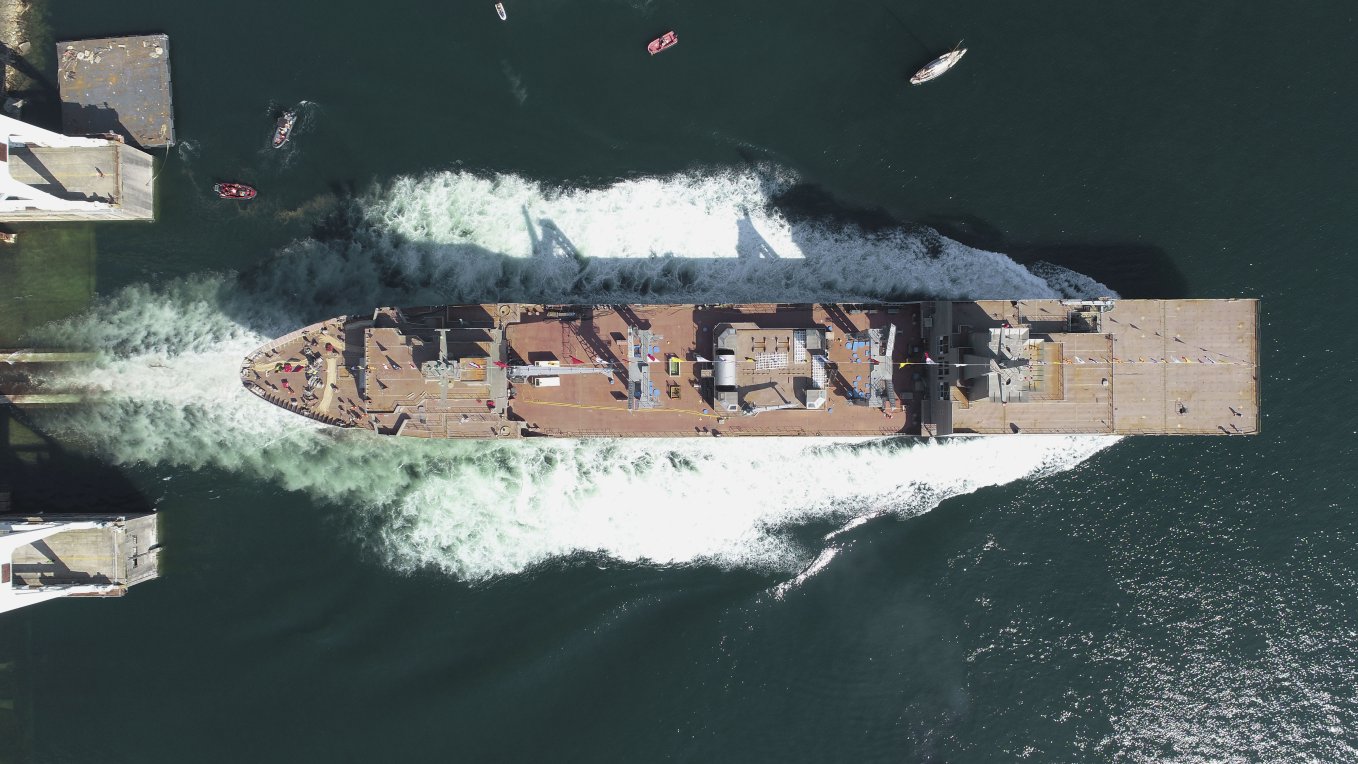 The future HMAS Stalwart being launched at Ferrol, Spain. (Commonwealth of Australia, Department of Defence)