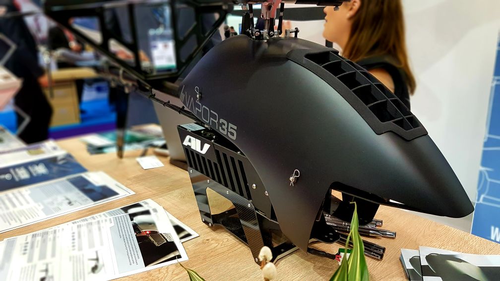 The Vapor 35 (pictured) and larger Vapor 55 were being showcased at the DSEI 2019 exhibition in London as AeroVironment looks to secure its first international customers for the VTOL UAVs. (IHS Markit / Gareth Jennings)