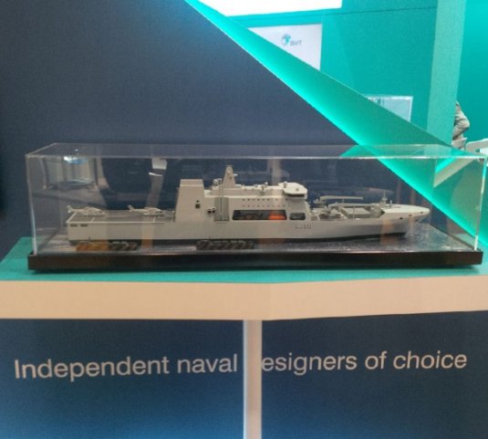 BMT's new  ELLIDA multirole support and logistics vessel design in display at DSEI in London. (Kate Tringham/IHS Markit)