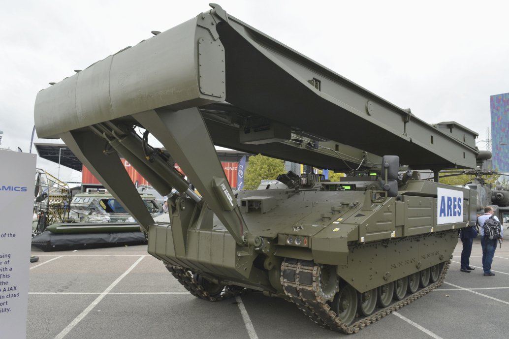 The bridging variant of the Ares APC at DSEI 2019. GDLS-UK has suggested that there might be a need for an organic bridging capability within the UK’s Strike Brigades. (IHS Markit/Patrick Allen)