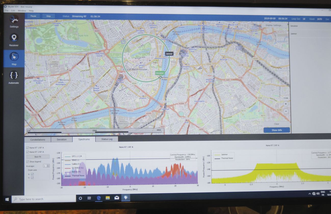 The Orolia GSG-8 GNSS simulation and test platform showing a simulated unmanned aerial vehicle (UAV) with a GNSS receiver flying a circular pattern with a simulated static jammer. The graphs at the bottom of the screen show signals from the different GNSS constellations and the impact of the jammer as the UAV comes in range. (Giles Ebbutt)