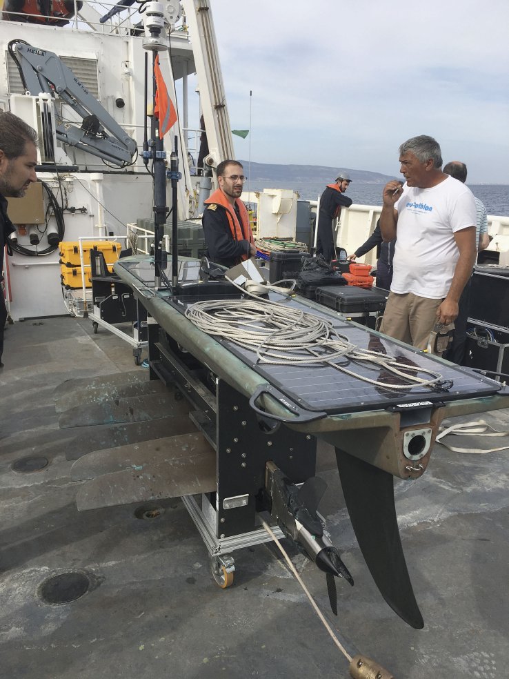 A Waverider USV is prepared for launch on NATO’s Exercise REP(MUS) off Portugal in September 2019. The exercise saw a range of surface and submarine platforms networked together using the Janus communications standards. (IHS Markit/James Rands)