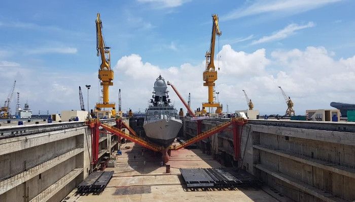 The Indian Navy's first aircraft carrier dry dock (seen here accommodating a Kolkata [Project 15A]-class destroyer) was inaugurated in a ceremony held on 28 September at the Naval Dockyard in Mumbai. (Indian Navy)