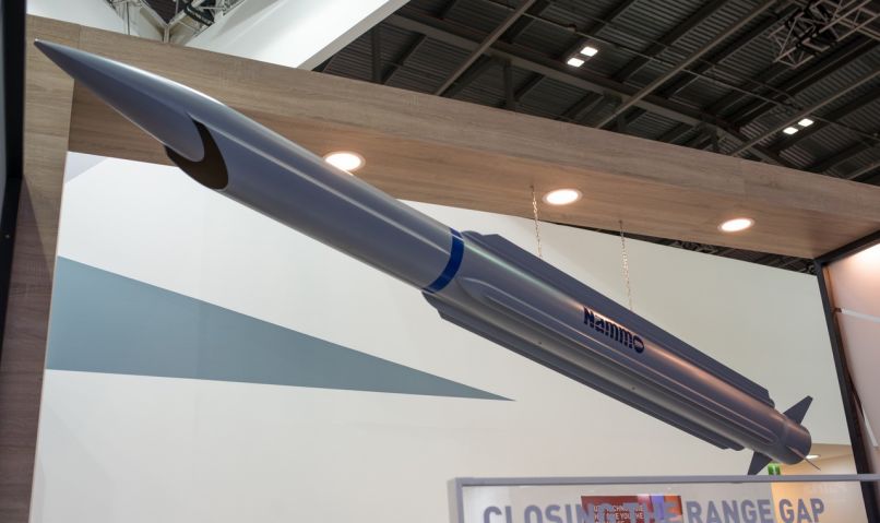 A concept SFRJ-powered surface-to-air interceptor displayed on the Nammo stand during the DSEI 2019 exhibition in London in September. (Nammo Raufoss)