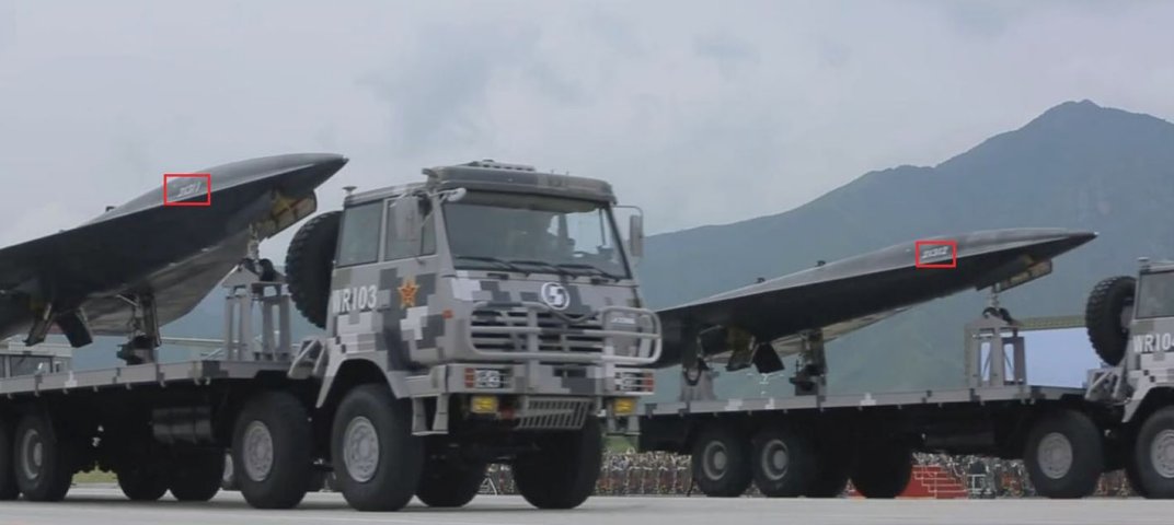 Two Chinese WZ-8 UAVs are seen here during rehearsals for the 1 October parade in Beijing. The serial numbers on the UAVs indicate that the platforms have been assigned to the PLAAF’s 30th regiment in eastern Jiangsu Province. (Via js7tv.cn)