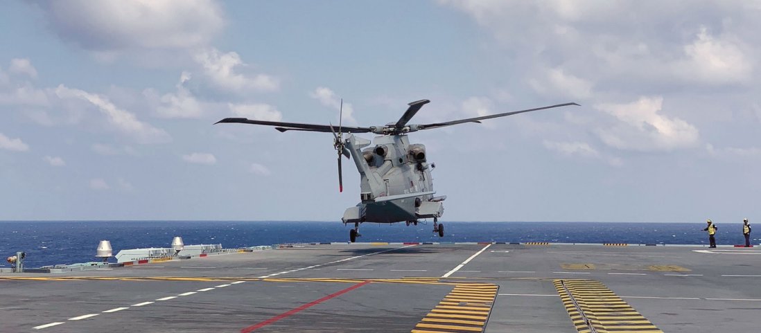 Merlin HM2 ZH826 from 820 Naval Air Squadron conducts a ‘backwards’ landing as part of rotary-wind development trials. (Royal Navy/Crown Copyright)