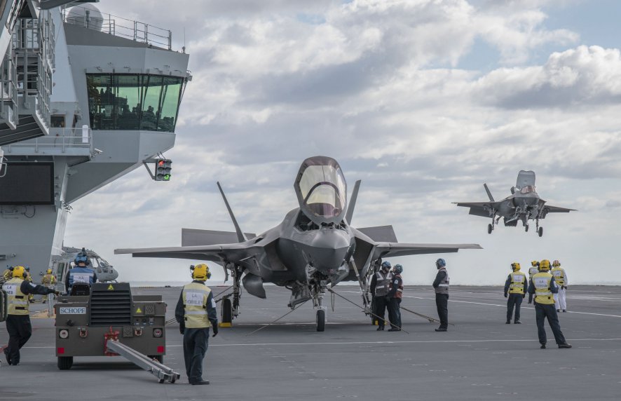 
        UK F-35B aircraft embarked on HMS
        Queen Elizabeth
        for the first time on 13 October to undertake operational testing.
       (Royal Navy/Crown Copyright)