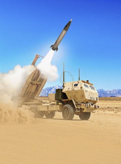 Artist's rendering of the Lockheed Martin Precision Strike missile being launched from an M142 High Mobility Artillery Rocket System (HIMARS) launcher