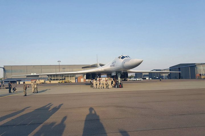 One of the two Tu-160 'Blackjack' bombers that, along with a support package of other aircraft, arrived in South Africa for the first time on 23 October. (Ministry of Defence of the Russian Federation)