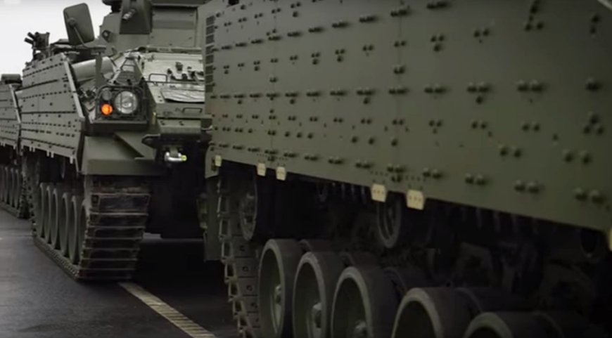 Warrior IFVs, sporting the baseline element of a modular armour package that can be tailored to specific threats, being loaded at the British Army’s Ludgershall vehicle depot as part of the UK’s ‘Tractable’ deployment. (British Army/Crown copyright)