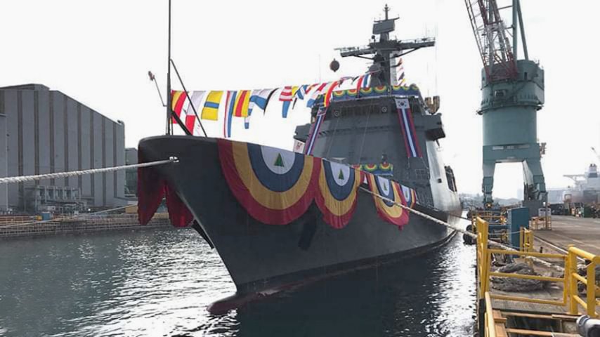 
        HHI launched
        Antonio Luna
        , the second and final José Rizal-class multirole frigate for the PN, on 8 November.
       (Philippine Navy)