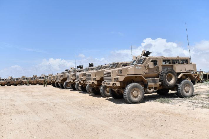 The new Springbuck HD MRAPS and Fahd wheeled APCs (background) for AMISOM's Burundian contingent are seen lined up. (AMISOM)