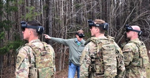 US Army soldiers using their IVAS HUD, based on the Microsoft HoloLens, during a previous test event.