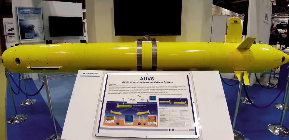 Japanese company IHI unveiled a prototype of an AUV at DSEI Japan 2019 designed for use as part of an autonomous underwater mine-detection system. The AUV can operate at depths of up to 3,000 m. (Gabriel Dominguez/IHS Markit)