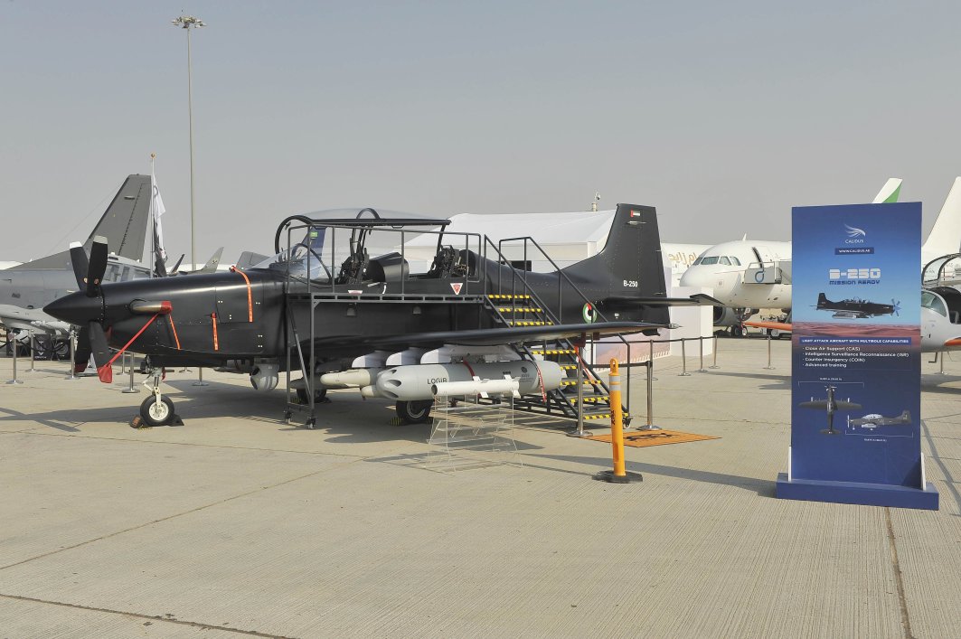 Seen for the first time at the Dubai Airshow in 2017, the UAE-developed Calidus B-250 is a light attack COIN aircraft provisioned with an EO/IR sensor and seven hardpoints. The UAE AF & DF has become the first customer, with an order for 24 announced on 20 November. (Collins Aerospace)