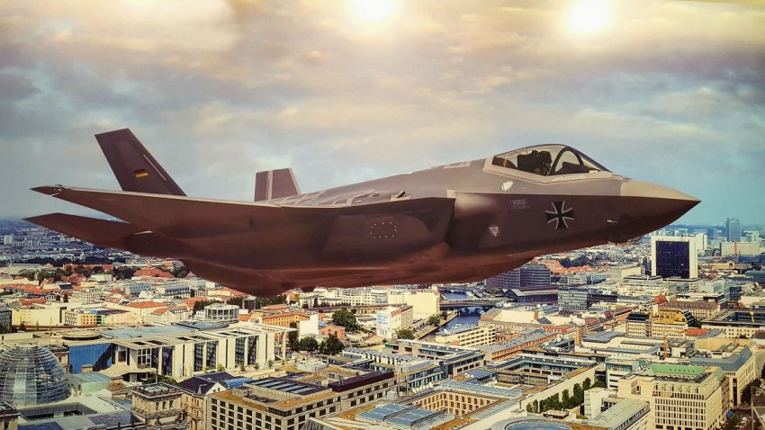 While Lockheed Martin's previous promotional material for the F-35 in Germany has been overt and forthright, as seen in this poster displayed at BSC 2018, its official elimination from the competition earlier this year has meant that its promotional material at this year's event is more generic and less Luftwaffe-focused. (Lockheed Martin via IHS Markit / Gareth Jennings)