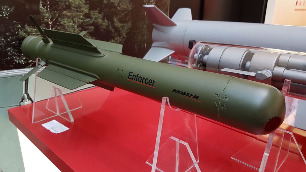 The MBDA Enforcer missile displayed at Berlin Security Conference 2019. The company is pitching the air-launched Enforcer Air at its primary German customer, and also the wider international market. (IHS Markit/ Gareth Jennings )