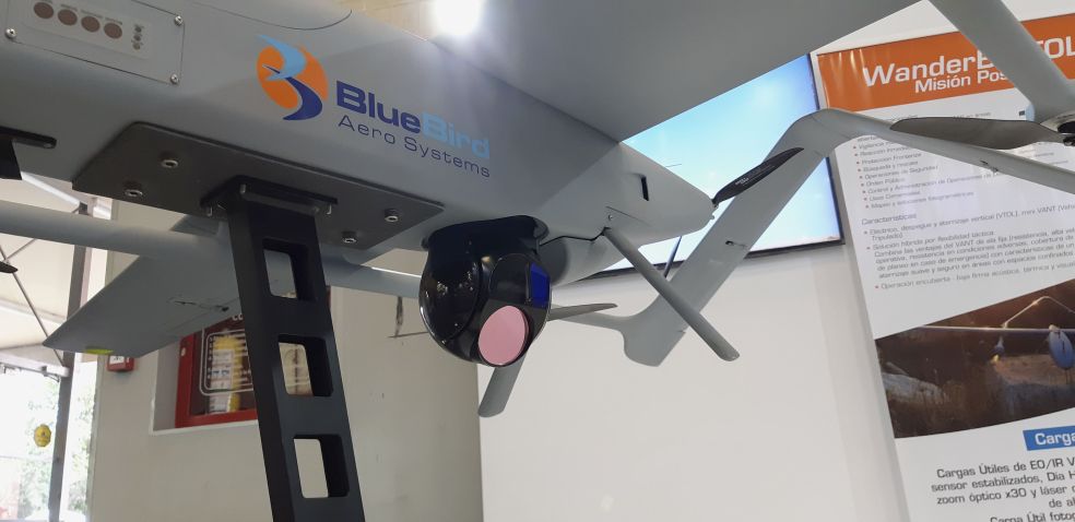 Close up of the gimbal displayed on the WanderB at Expodefensa. BlueBird Aero Systems both develops its own payloads and has integrated other companies' payloads. (Janes/Pat Host)