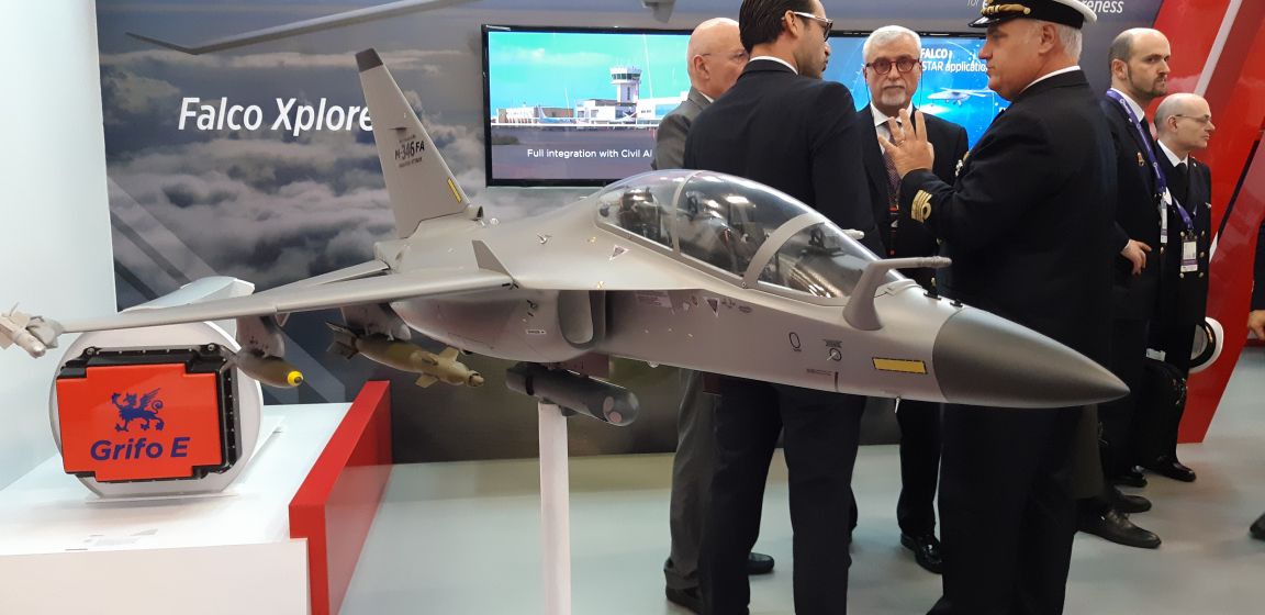 A model of Leonardo’s M-346FA aircraft on display at Expodefensa on 3 December 2019. (Jane’s/Pat Host)