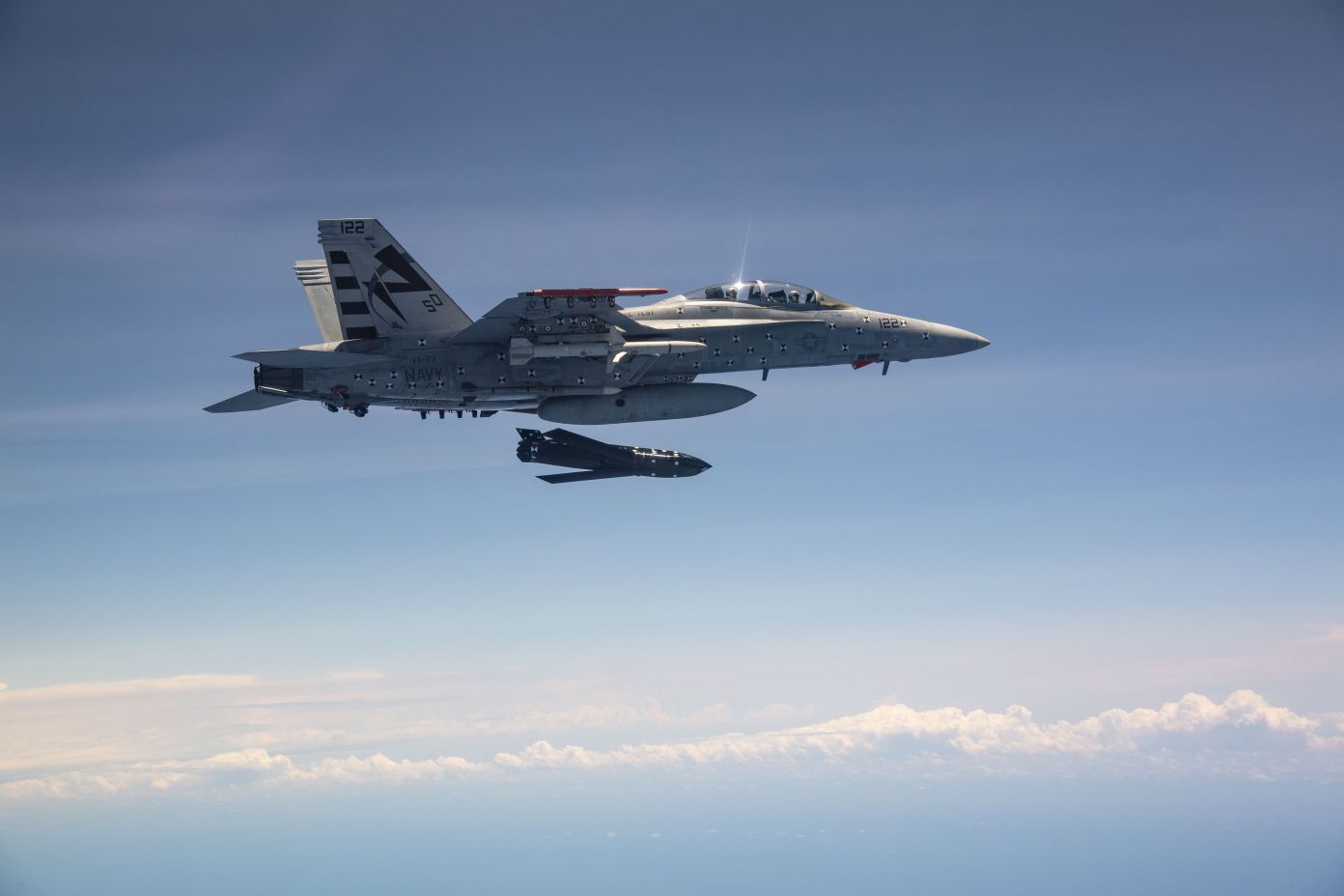 A LRASM is launched from an F/A-18E/F Super Hornet during testing. EOC on the F/A-18E/F was achieved in November 2019. (NAVAIR)