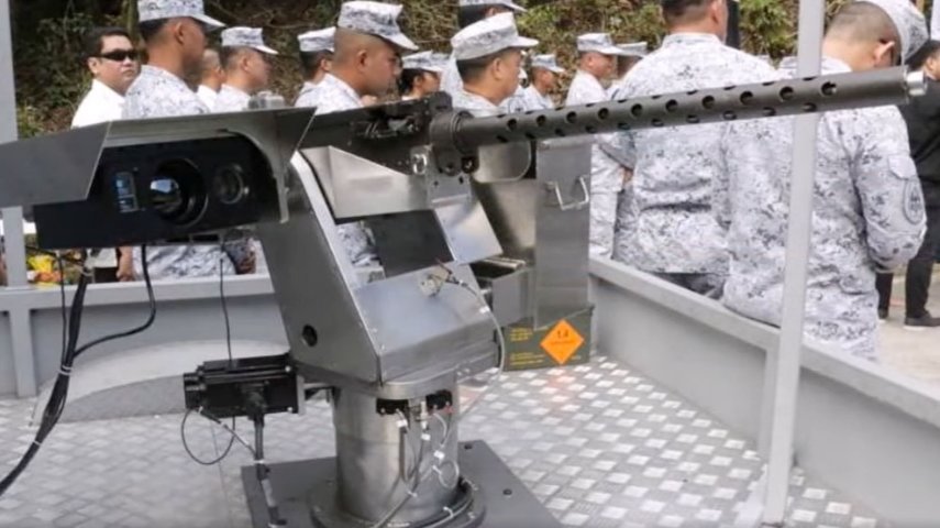 The Philippines is developing this new RWS (seen here mounting an AN/M2 machine gun)  to enable accurate firing of .50 cal machine guns from its warships and patrol vessels. (Via Philippine DND)