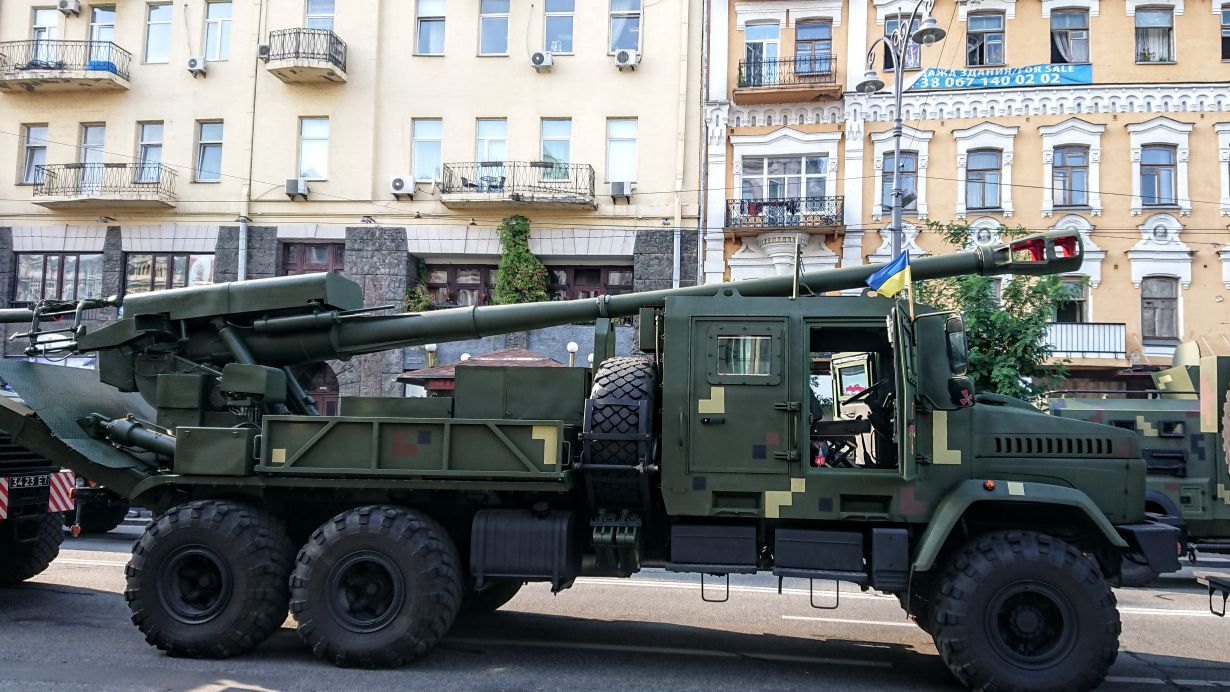 A prototype of the 155 mm 2S22 Bogdana is shown during an Independence Day parade. The system is slated to undergo trials until mid-2020 and could be in service one or two years later. (Mikhail Zhirokhov)