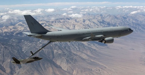 A Royal Australian Air Force (RAAF) Airbus KC-30 (A330 MRTT) refuels a Lockheed Martin F-35A. Airbus and Lockheed Martin are jointly exploring opportunities to offer the A330 MRTT as a leased tanker capability.