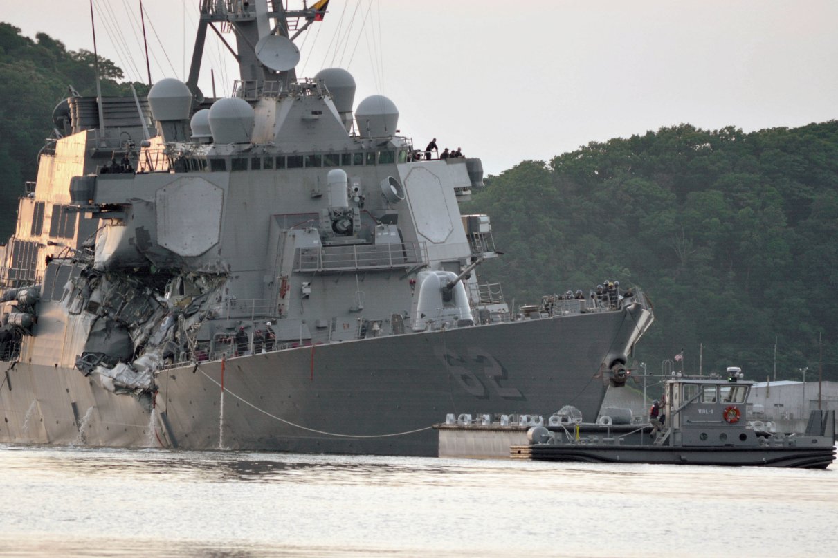 
        Guided missile destroyer USS
        Fitzgerald
        (DDG 62) suffered heavy damage in a 2017 collision with a merchant vessel.
       (US Navy)