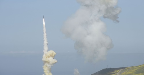 The 'trail' interceptor shown launching from Vandenberg Air Force Base about 50 seconds after the 'lead' interceptor. This was the system's first-ever salvo engagement.