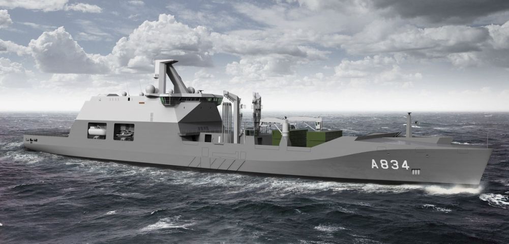 
        An artist’s impression of the new combat support ship,
        Dan Helder,
        to be built by Damen for the RNLN
        . (Damen)