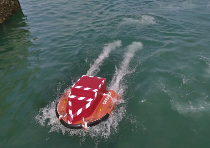 The Dolphin USV seen with a prototype BacPac sea transfer module during recent trials.  (Zycraft)