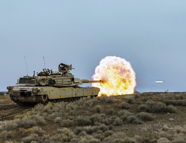 Idaho Army National Guard 116th Cavalry Brigade Combat Team M1A2 V2 SEP tanks (pictured firing while at the Orchard Combat Training Center in Boise on 4 February) will participate in ‘Defender-Europe 20’ with Trophy active protection systems. (US Army/Sgt Mason Cutrer)