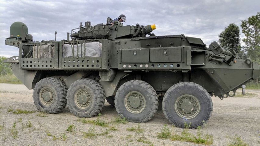 A Canadian LAV 6.0 is shown fitted with the ELSAT 2100 satcom on-the-move system. (Elbit Systems)