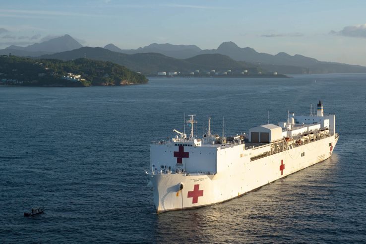 
        The hospital ship USNS
        Comfort
        is anchored off the coast of Castries, St. Lucia, in September 2019. The Pentagon has announced plans to deploy the ship to New York to help with the Trump administration’s COVID-19 response.
       (US Navy)