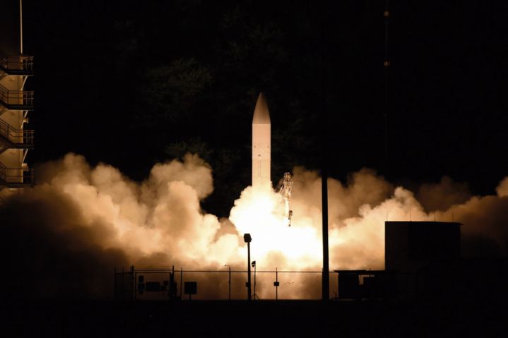 A Common Hypersonic Glide Body (C-HGB) launches from the US Navy's Pacific Missile Range Facility during a Defense Department flight experiment in Kauai, Hawaii, on 19 March. (US Department of Defense)