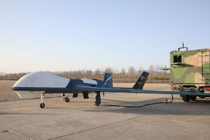 The People’s Liberation Army Air Force deployed a BZK-005 medium-altitude long endurance UAV, seen here with an undernose SAR pod, to support a military led firefighting operation in Shaanxi province. (PLA Central Theatre Command)