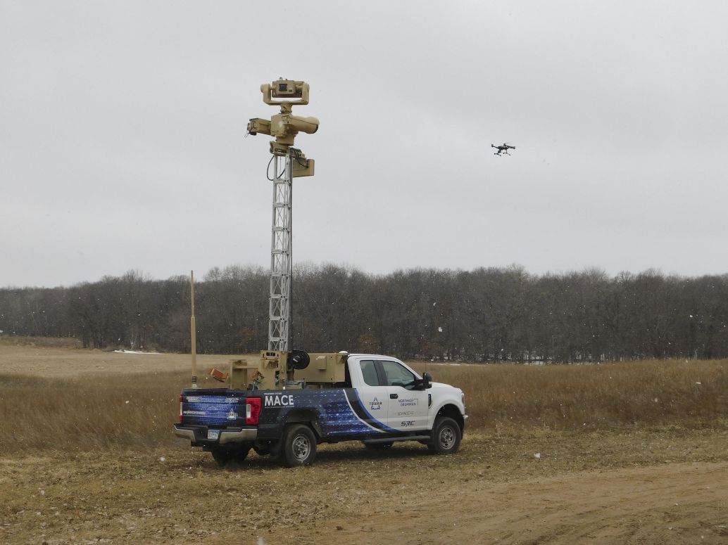 Northrop Grumman’s Mobile Acquisition and Cueing Effector (M-ACE) hunter/killer CUAS prototype demonstrator, with the extended SDS-12 stabilised aluminium tower, based on a dedicated Ford F250 platform ( Northrop Grumman)