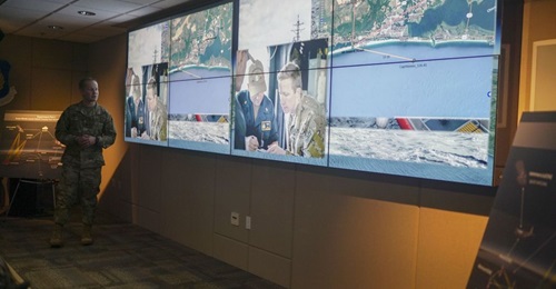 Lieutenant Colonel Matthew Strohmeyer, NORTHCOM scenario co-ordinator, delivers a capabilities brief to senior leadership during the first-ever Advanced Battle Management System (ABMS) demonstration on 18 December 2019 at Eglin Air Force Base, Florida....