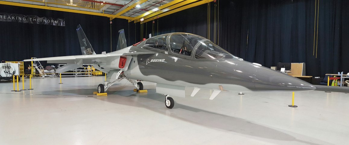 One of the two production-representative T-7A Red Hawk jets seen at Boeing’s St Louis facility in Missouri. The ground-based elements of the pilot training system recently passed a critical design review with the US Air Force. (Jane’s/Gareth Jennings)