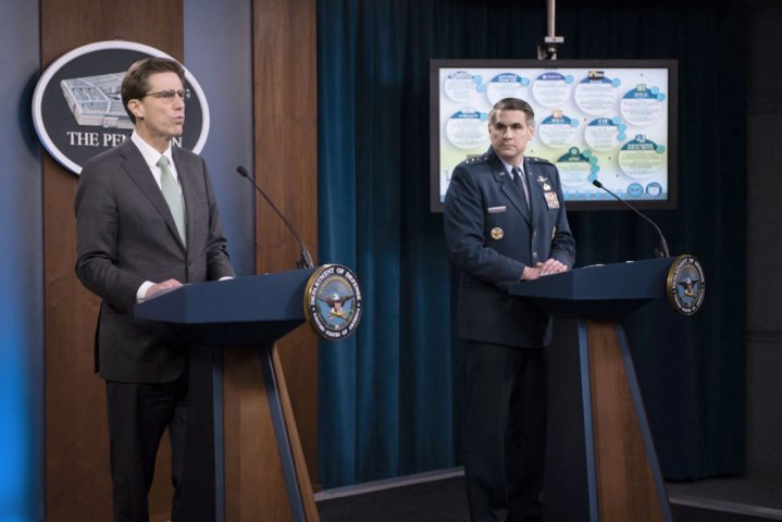 Department of Defense Chief Information Officer Dana Deasy and US Air Force Lieutenant General B J Shwedo, Joint Staff chief information officer, hold a 13 April briefing at the Pentagon on cyber-security efforts during coronavirus disease mitigation operations. (Department of Defense )