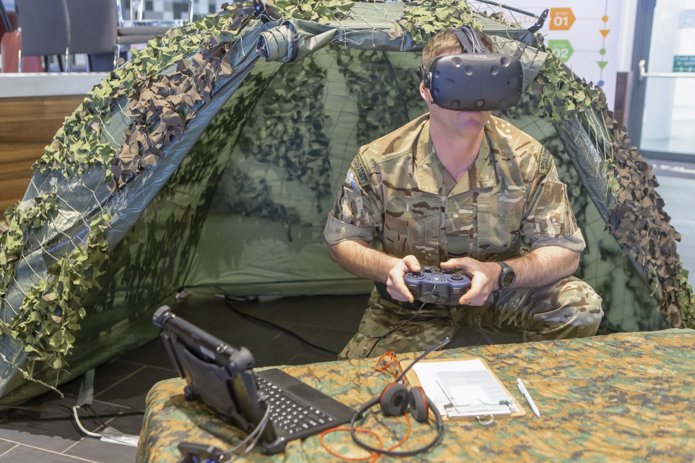 The OP module in D3A Defence’s mortar training simulator showing an MFC with a head mounted display and using virtual target detection and acquisition equipment. (MetaVR)