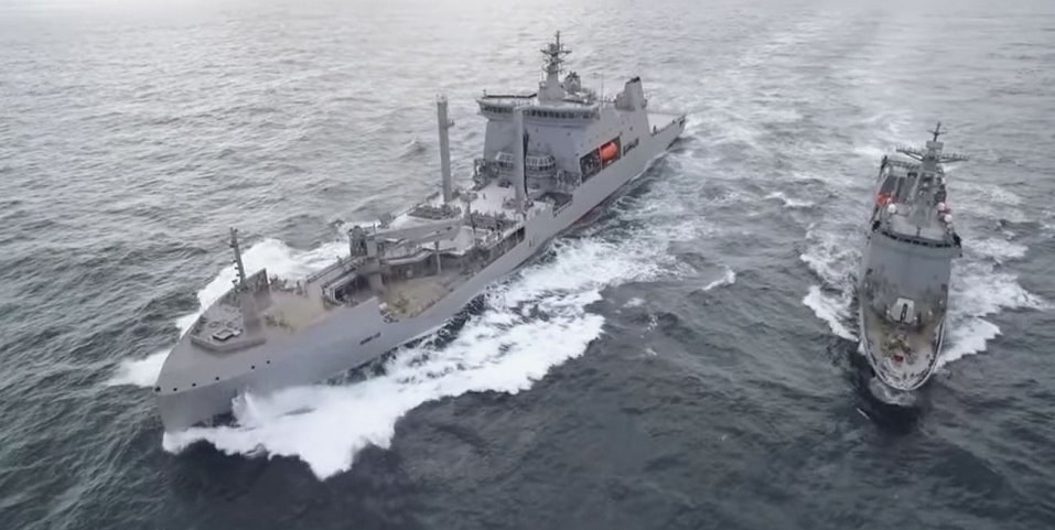 
        The Royal New Zealand Navy’s new oiler,
        Aotearoa
        , conducting replenishment trials with the Philippine Navy’s new frigate,
        José Rizal,
        off the coast of South Korea.
       (Screenshot from a Royal New Zealand Navy video)