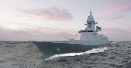 Computer-generated imagery of the FFX-III frigate.