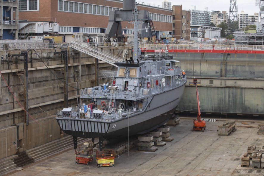 
        Huon-class minehunter HMAS
        Gascoyne
        undergoing a refit in the Captain Cook Graving Dock at Garden Island, Sydney following a recent deployment.
       (Royal Australian Navy )