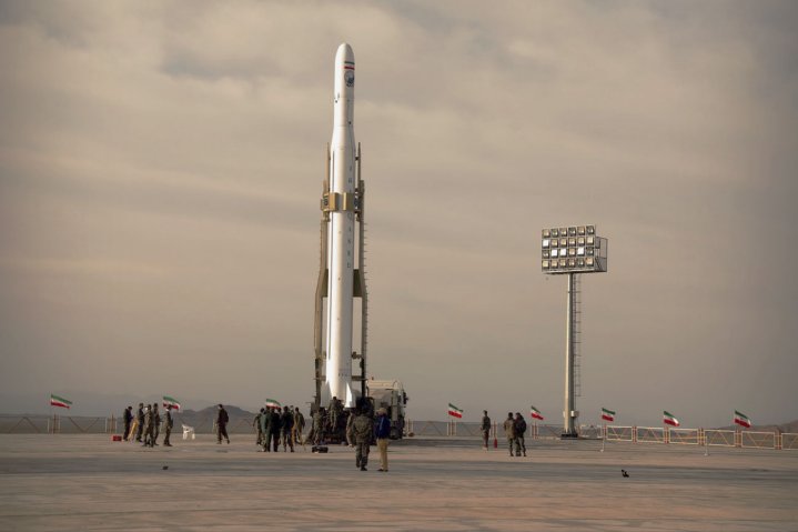 The new Ghased SLV is seen here being erected by a TEL on the launch pad at the Shahrud facility ahead of the apparently successful launch of the Noor-1 satellite. (Sepah News)