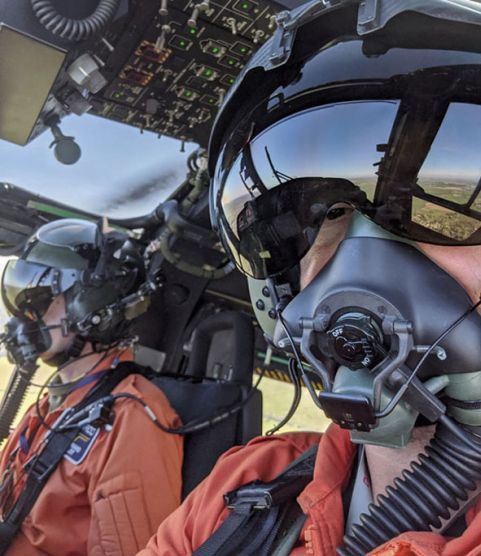 Leonardo Helicopters UK flight test crew demonstrate the newly adapted helmet and facemask that is designed to enable crews to fly during the coronavirus pandemic. (Leonardo UK)