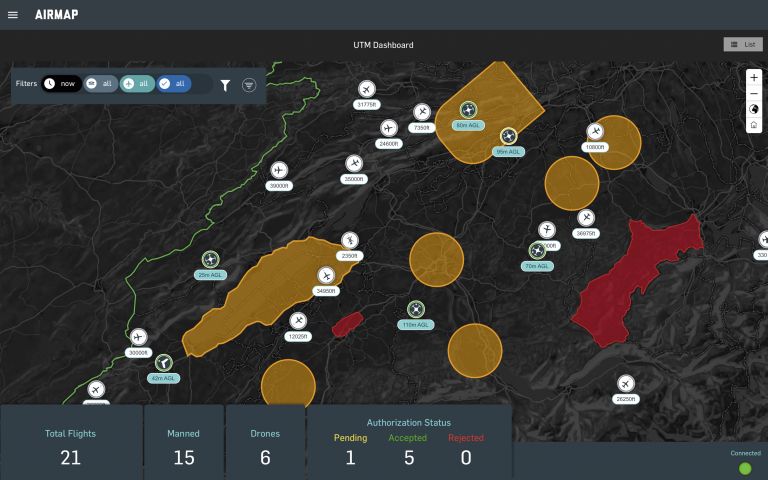 This is a common operational picture including the total number of aircraft within a given airspace using AirMap’s autonomous aircraft digital airspace management system. AirMap is offering this system for the USAF’s Agility Prime eVTOL procurement as an enabling technology. (AirMap)