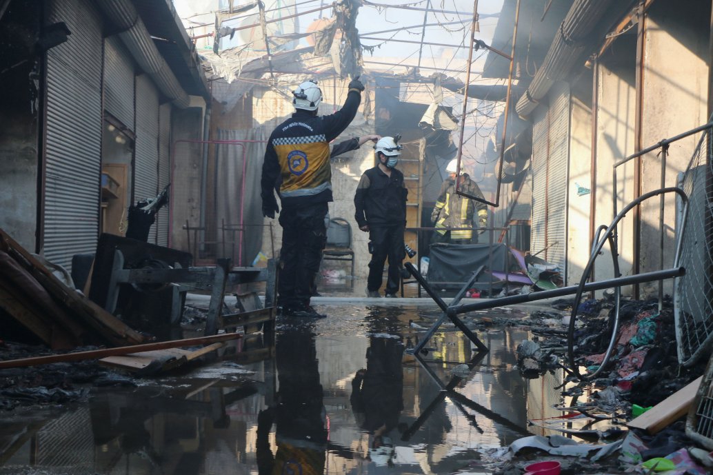 The market in Afrin in Syria’s Aleppo governorate, in the aftermath of a vehicle-borne improvised explosive device (VBIED) attack on 28 April 2020. (Getty Images)