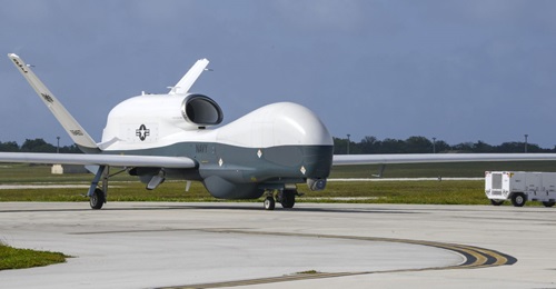 One of two Tritons seen taxiing at Andersen Air Force Base (AFB) on the island of Guam, from where the unmanned aircraft has been flying in support of the US Navy's 7th Fleet since January.