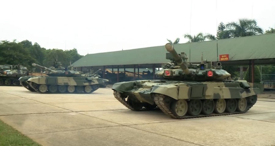 A screengrab from QPVN video footage released on 12 May showing VPA T-90S/SK MBTs equipped with the Shtora-1 active protection system.